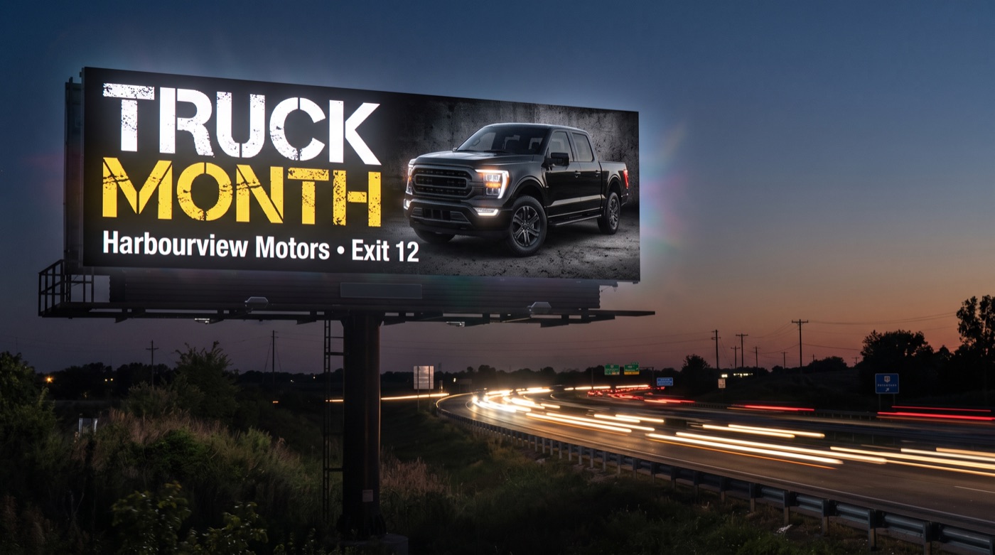 Roadside digital billboard at dusk showing a Truck Month ad with a black pickup truck