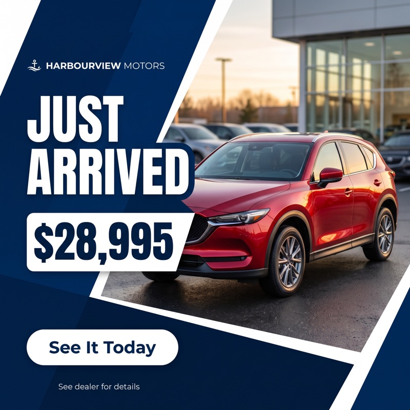 Square social media post for a dealership: Just Arrived, red SUV, $28,995