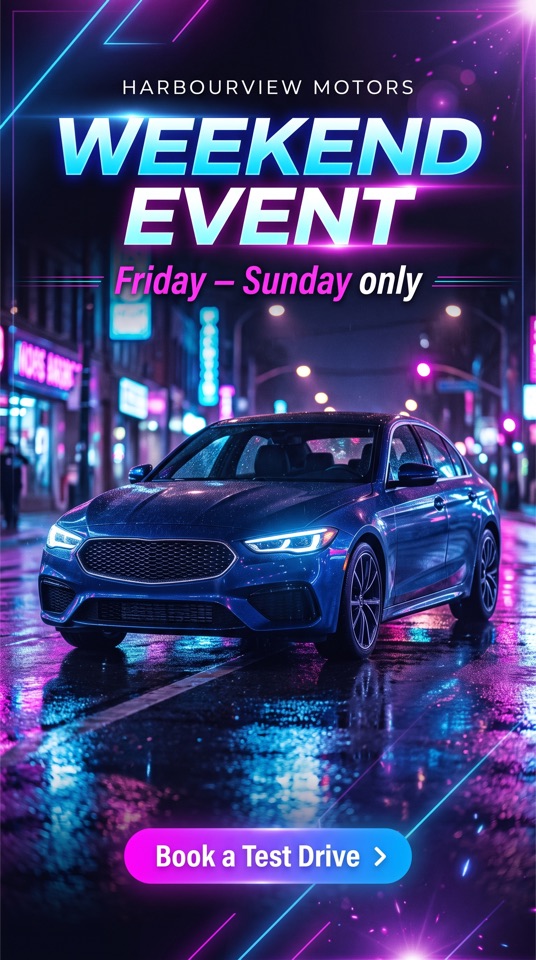 Vertical Weekend Event story with a blue sedan on a neon street