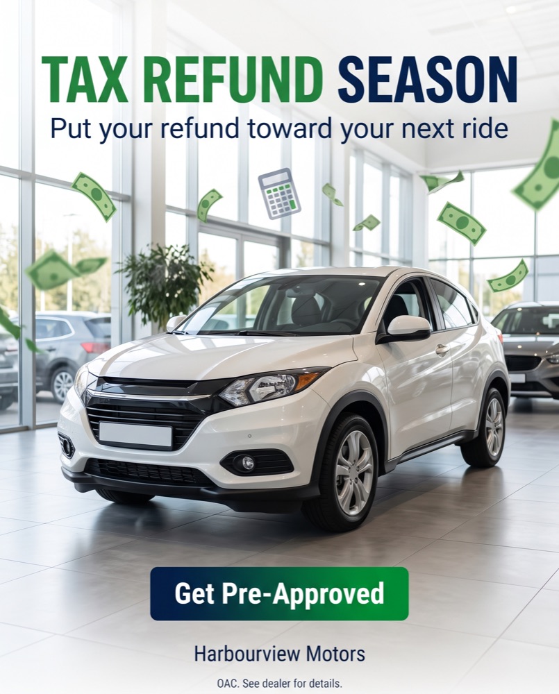 Tax Refund Season portrait ad with a white crossover in a showroom