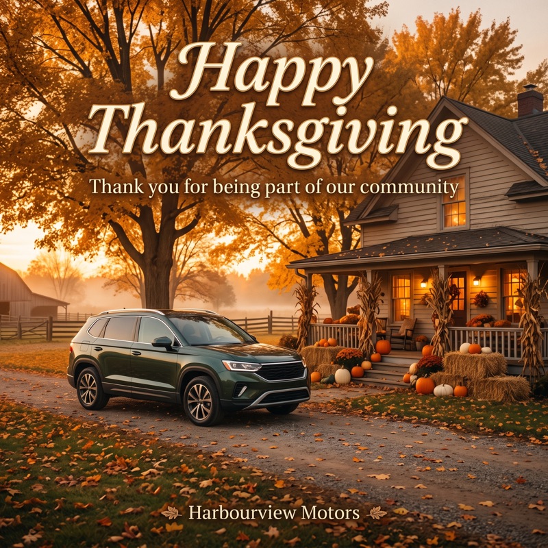 Happy Thanksgiving greeting with a green SUV in front of a farmhouse with pumpkins