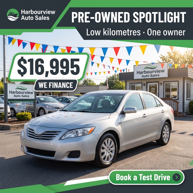 Pre-owned spotlight for an independent dealer: silver sedan, $16,995, We Finance