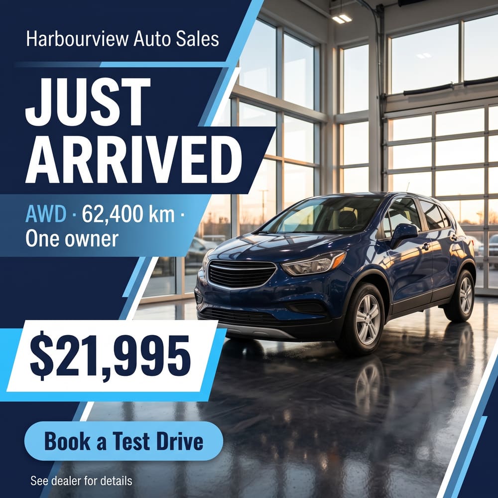 After: the same blue SUV in a polished Just Arrived ad, $21,995