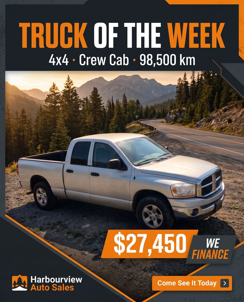 After: the same silver pickup in a Truck of the Week ad on a mountain road, $27,450, We Finance