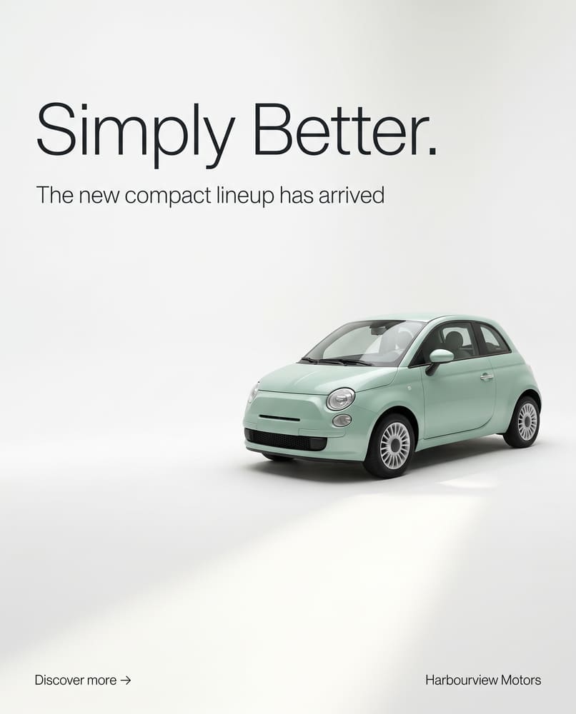 Simply Better minimalist ad with a mint-green hatchback in a white studio