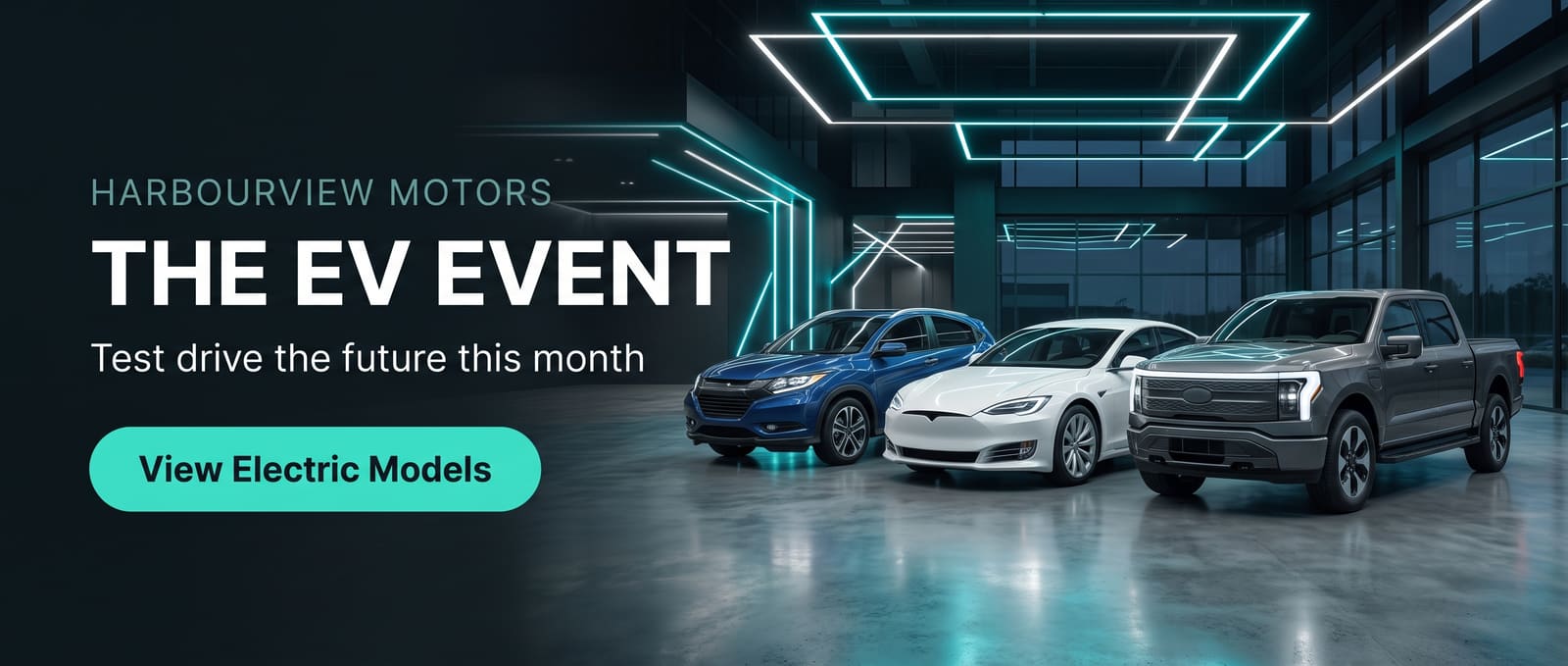 The EV Event website banner with three electric vehicles in a glowing showroom
