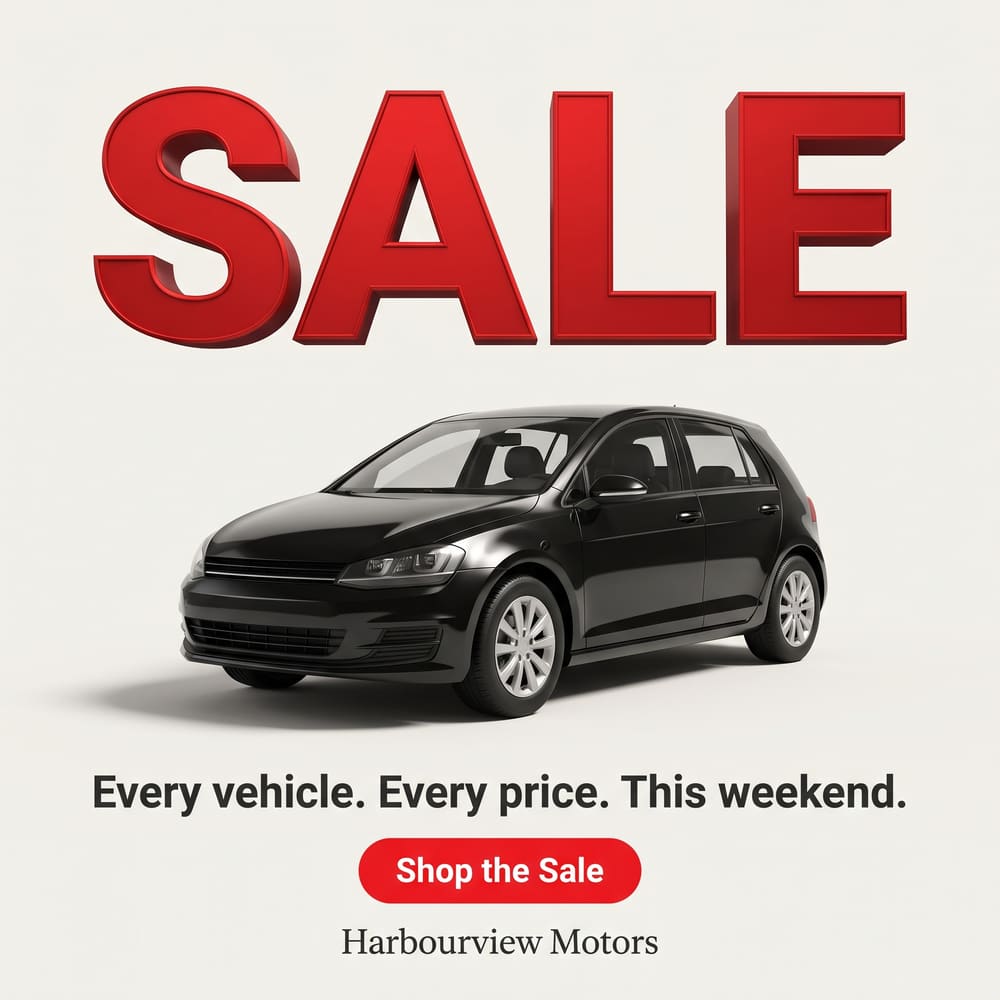 Bold SALE typography ad with a black hatchback: every vehicle, every price, this weekend