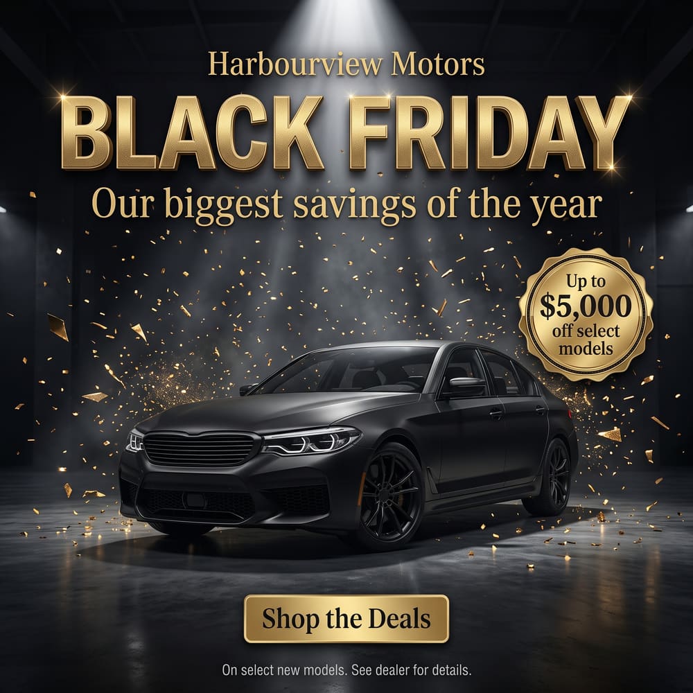 Black Friday sales event ad with a black sedan under a spotlight
