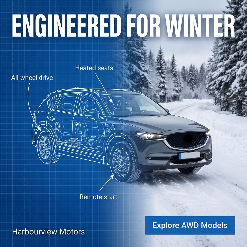 Engineered for Winter blueprint ad with an SUV drawing turning into a real SUV in the snow