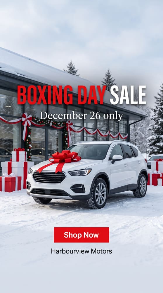 Vertical Boxing Day Sale story with a white SUV and gift boxes in the snow