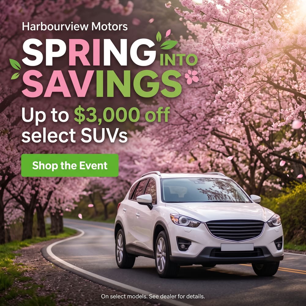 Spring Into Savings square feed post with a white SUV under cherry blossoms