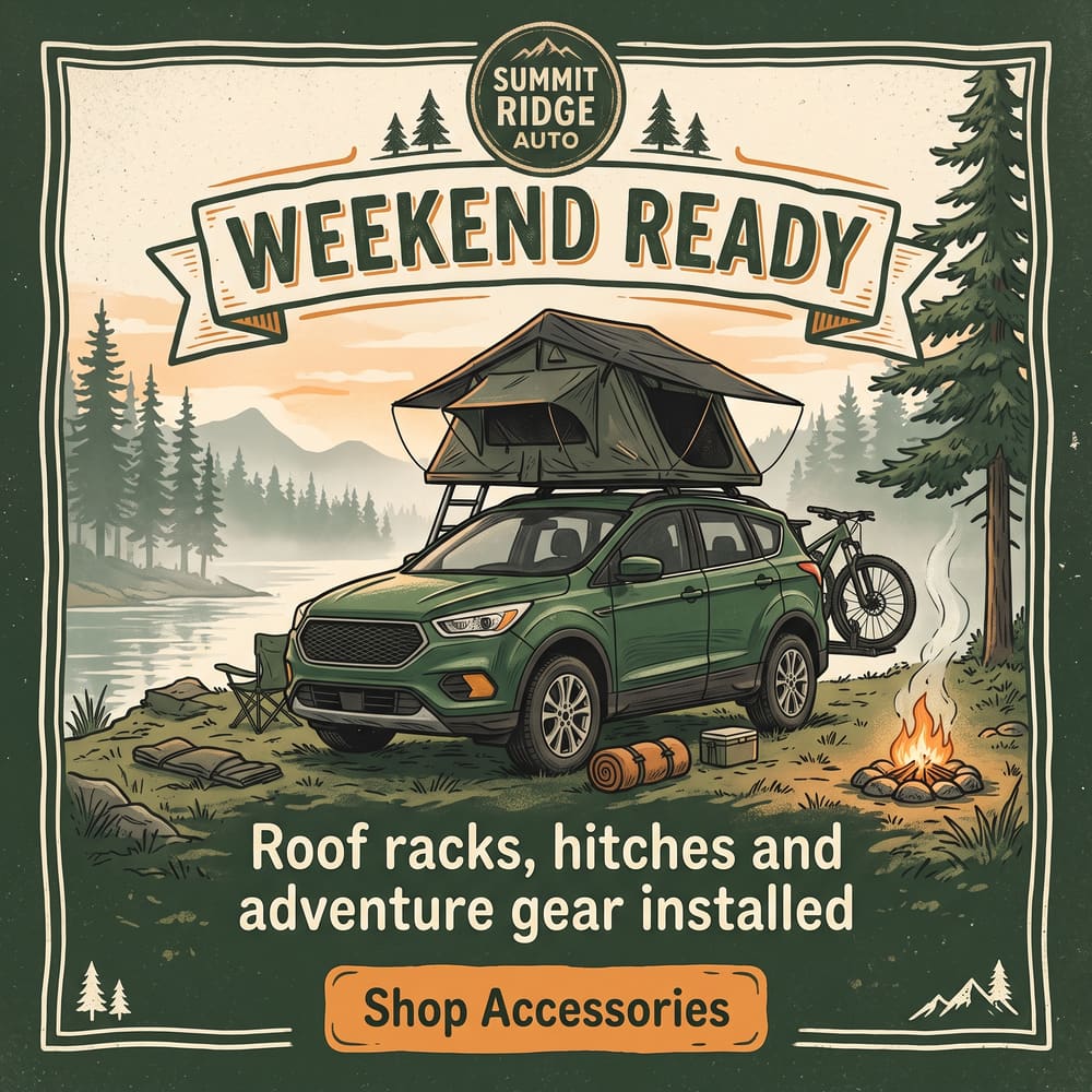 Weekend Ready accessories ad with a green SUV, rooftop tent and bikes at a lakeside campsite