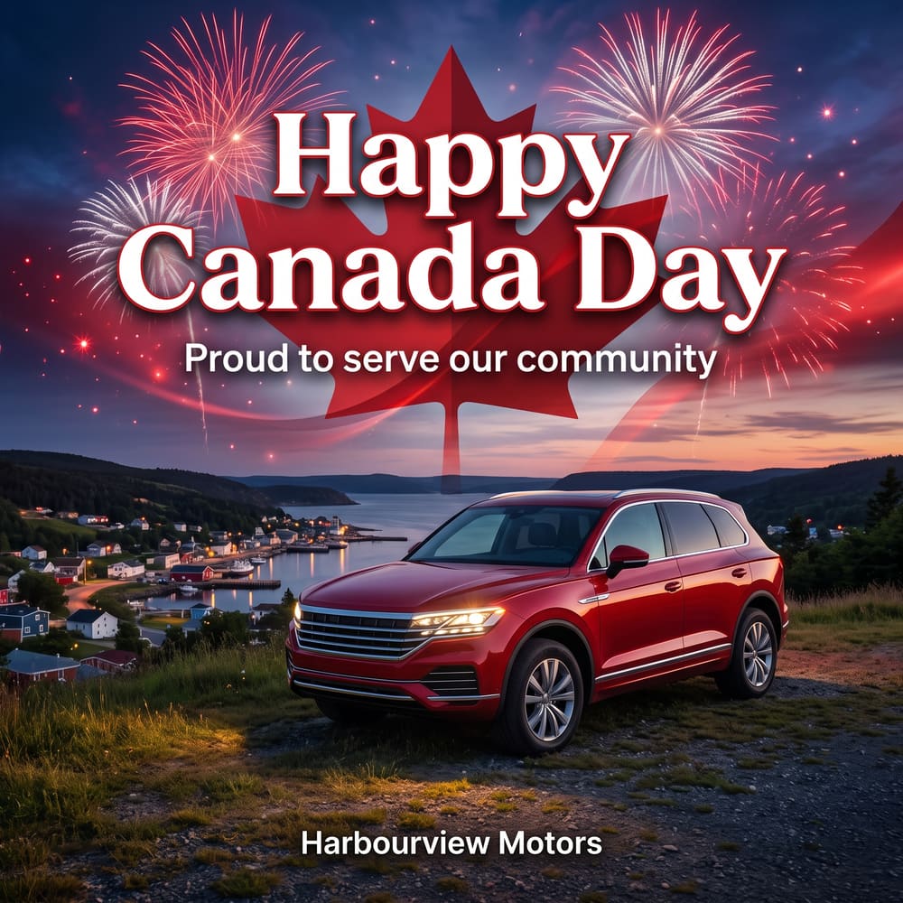 Happy Canada Day community greeting with a red SUV and fireworks