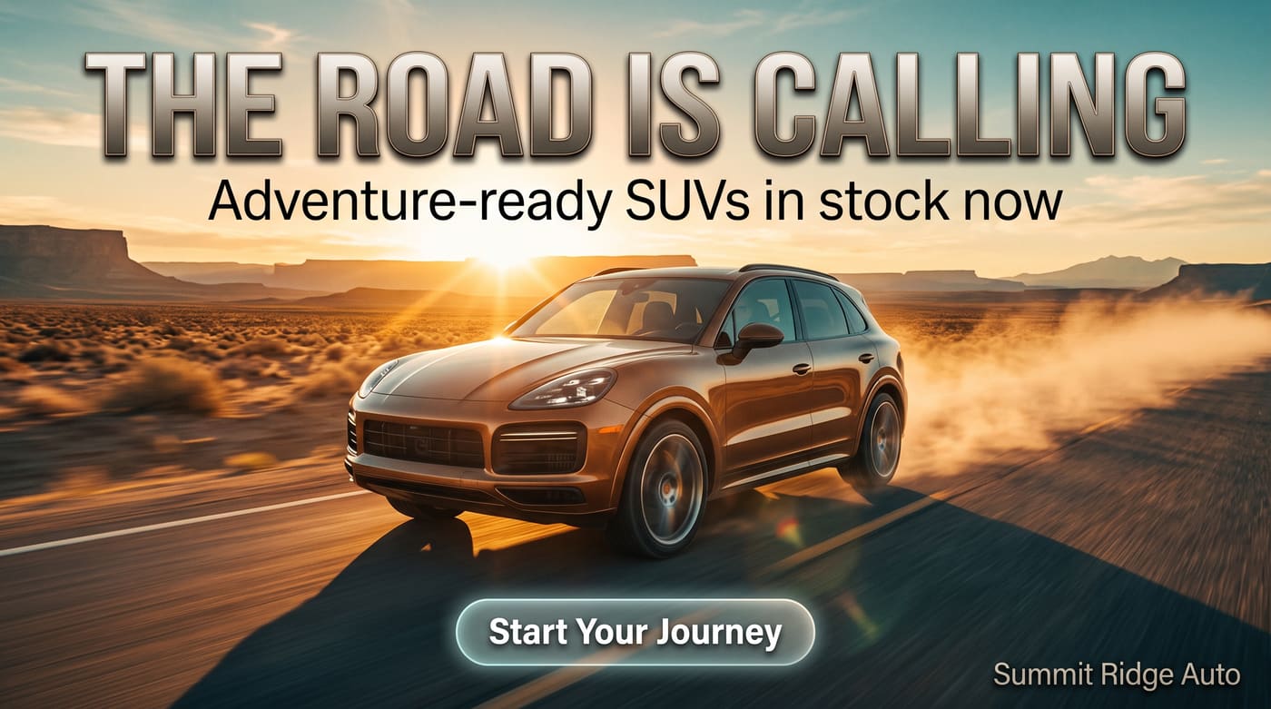 The Road Is Calling cinematic ad with a bronze SUV on a desert highway at sunset