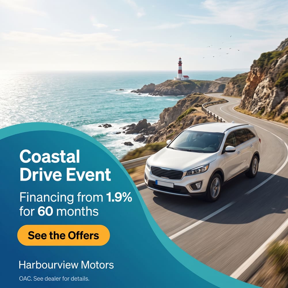 Coastal Drive Event ad with a white SUV on a seaside road and a lighthouse, financing from 1.9%