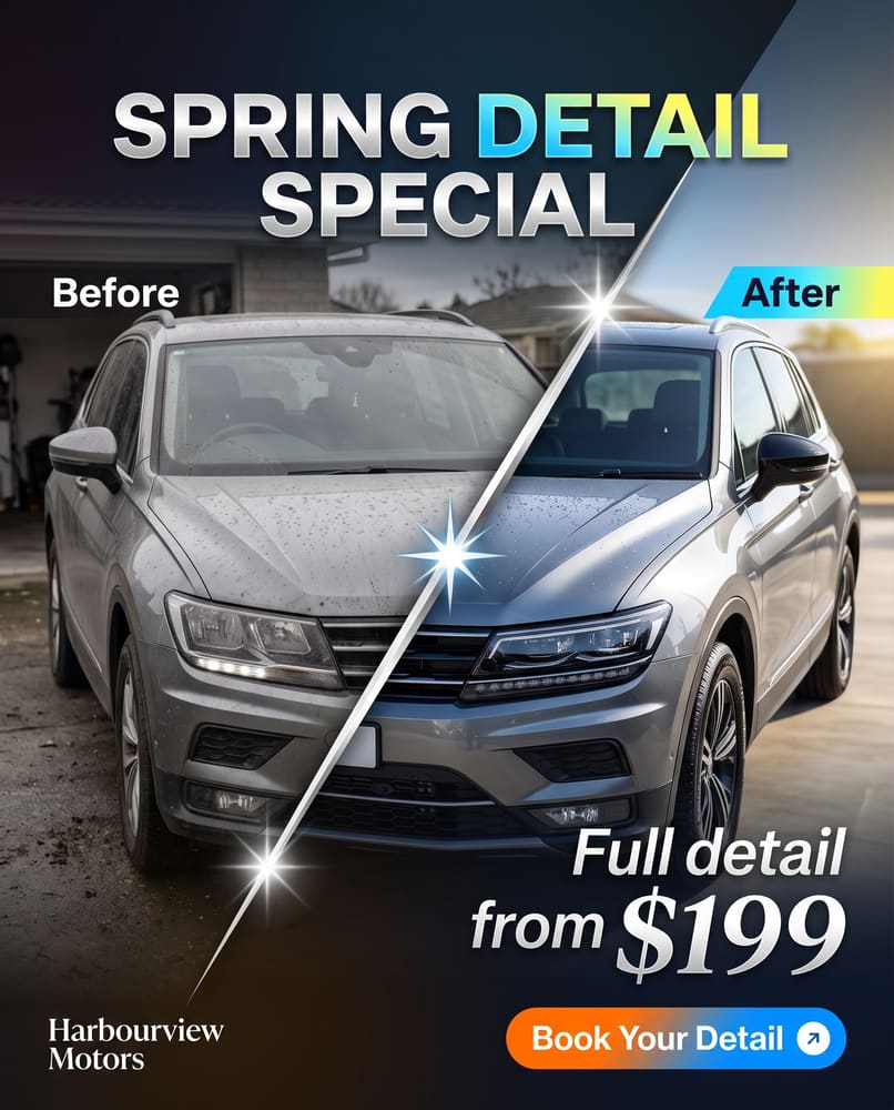 Spring Detail Special with a before-and-after split of a dirty and a spotless SUV