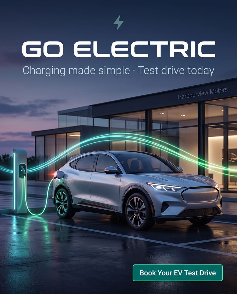 Go Electric ad with a silver electric crossover at a glowing charging station
