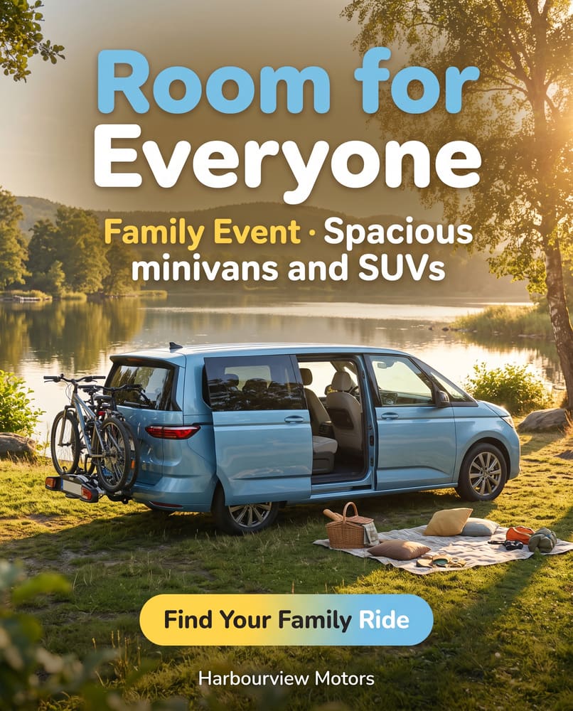 Room for Everyone family event ad with a blue minivan at a lakeside picnic