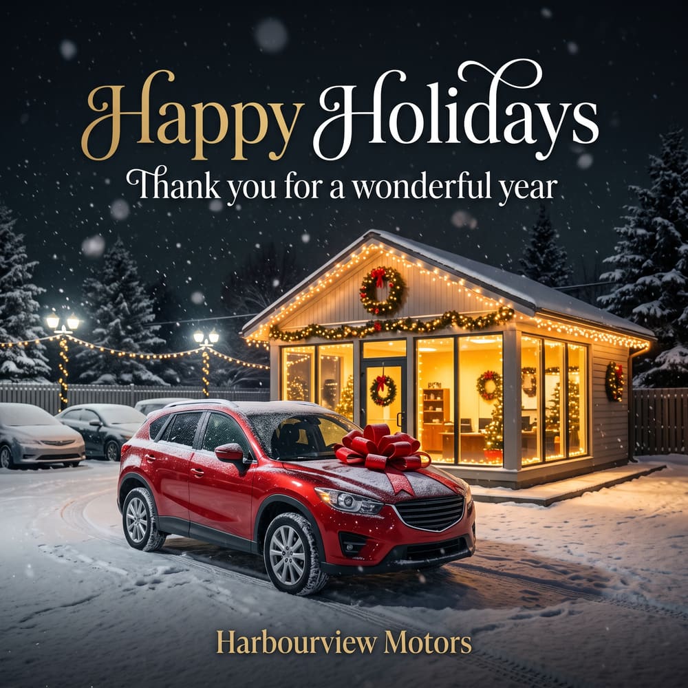 Happy Holidays greeting: a snowy dealership with string lights and a red SUV with a bow