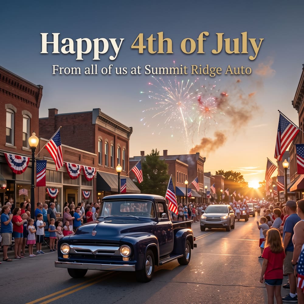 Happy 4th of July greeting with a navy pickup at a small-town parade