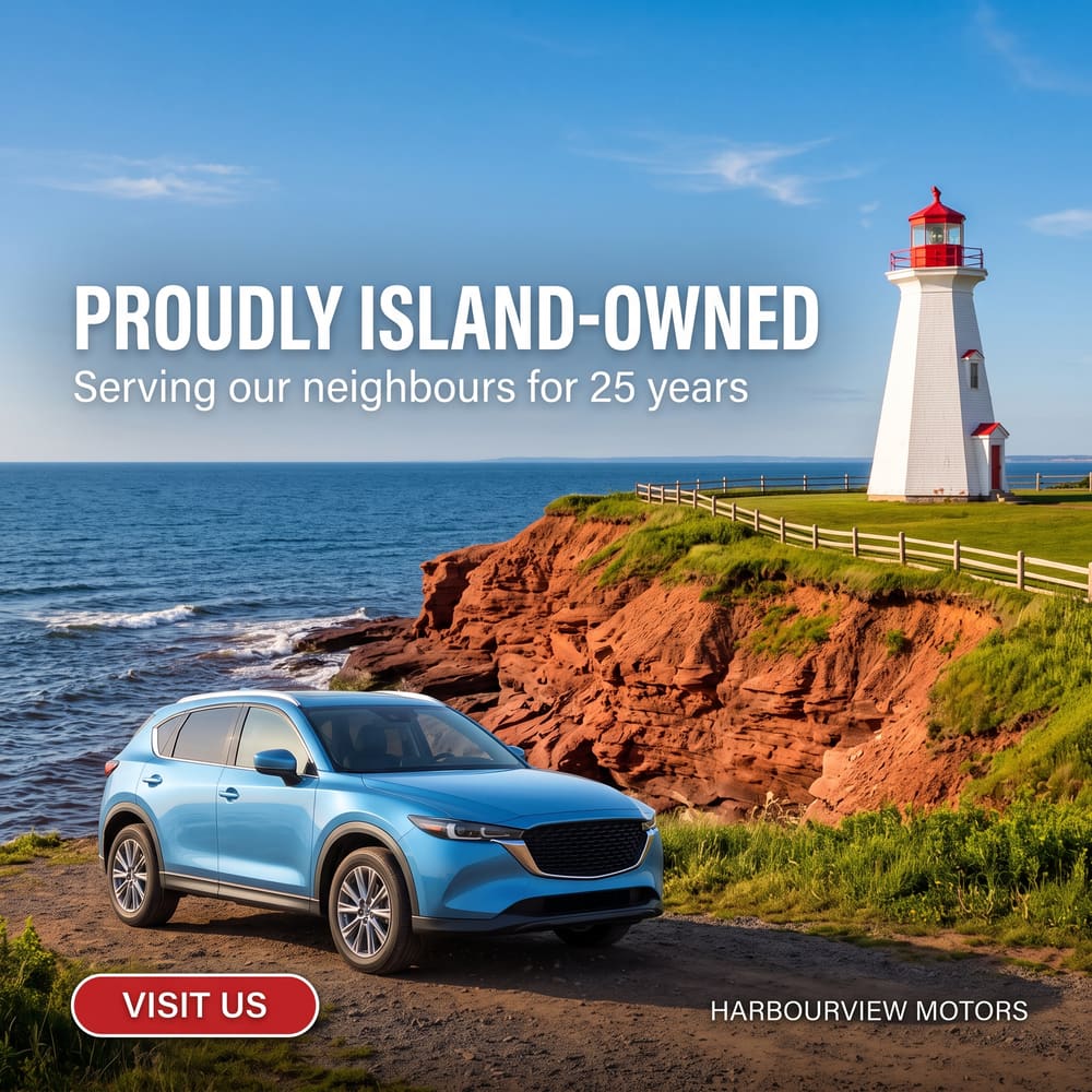 Proudly Island-Owned ad with a blue crossover on red cliffs beside a lighthouse