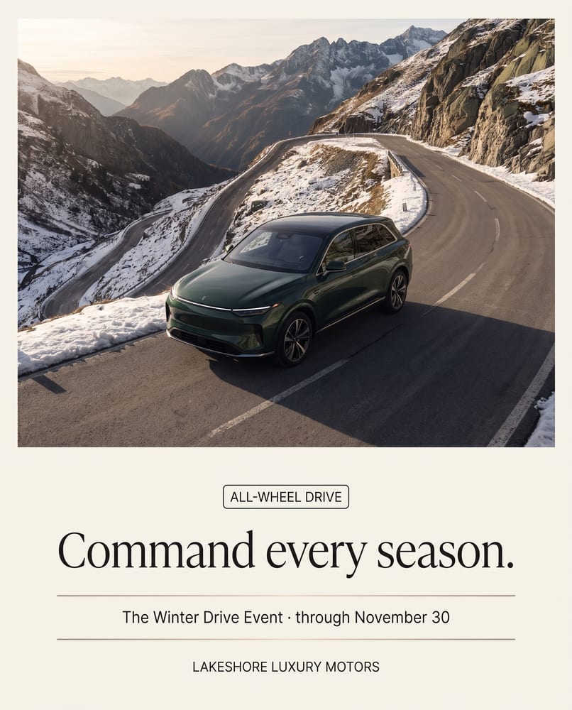 The Winter Drive Event ad: Command every season, a green SUV on an alpine switchback