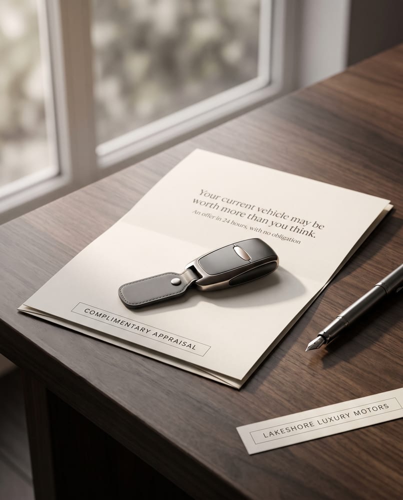 Complimentary appraisal ad: a key fob on a printed card on a walnut desk, your current vehicle may be worth more than you think