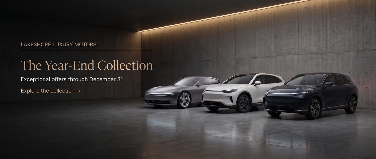 The Year-End Collection website banner: three luxury vehicles in a dark concrete gallery with a line of warm light