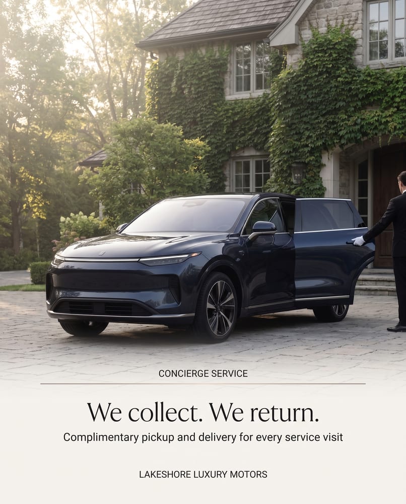 Concierge service ad: We collect. We return., a valet in white gloves opening the door of a dark SUV at a stone house