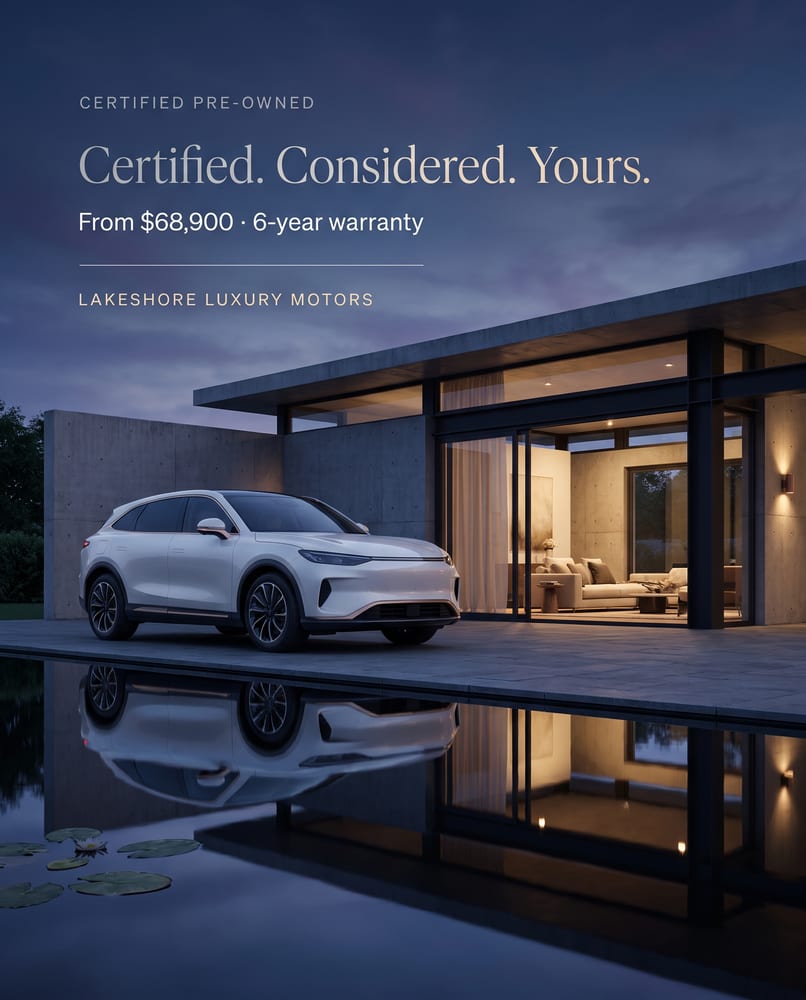 Certified pre-owned ad: a pearl-white SUV at a modern concrete home at dusk, Certified. Considered. Yours., from $68,900