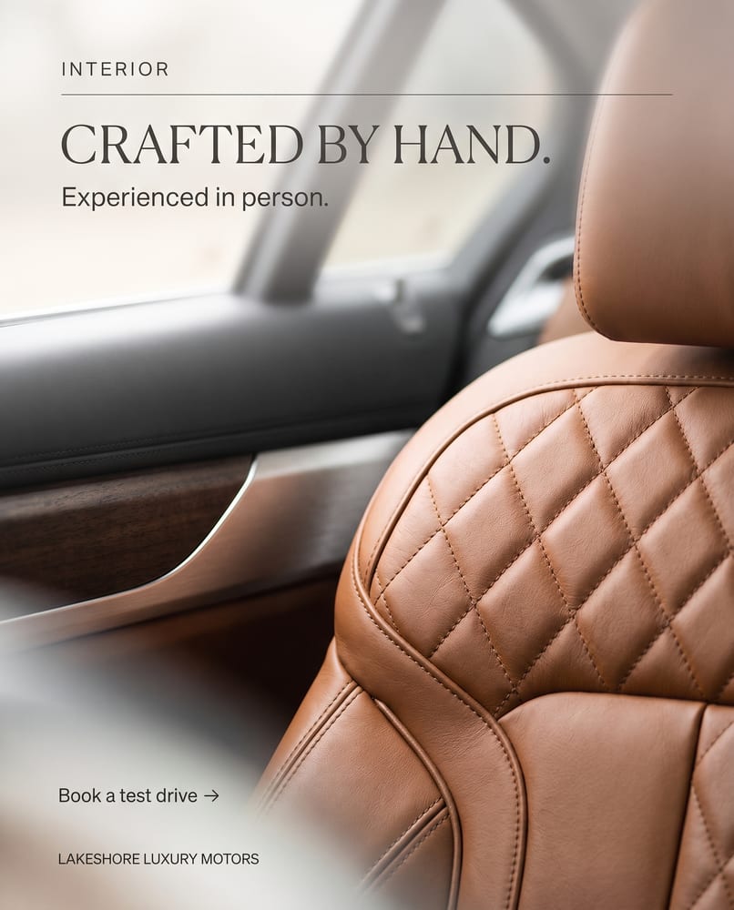 Interior detail ad: Crafted by hand, a close-up of quilted cognac leather and walnut trim