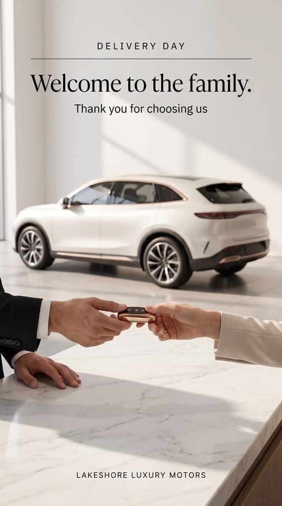 Vertical delivery-day story: Welcome to the family, hands passing a car key over a marble counter