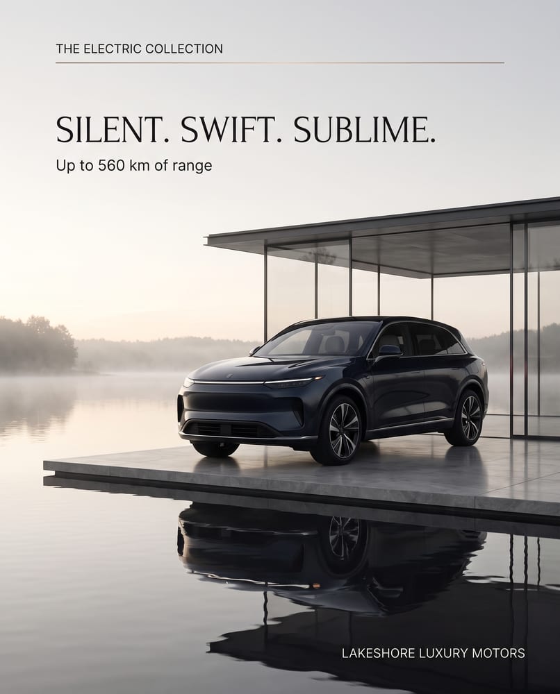 The Electric Collection ad: Silent. Swift. Sublime., a midnight-blue electric SUV at a glass pavilion on a misty lake