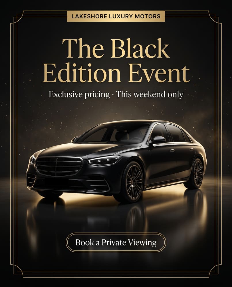 Luxury dealership ad: The Black Edition Event with a black sedan in a gold-framed studio