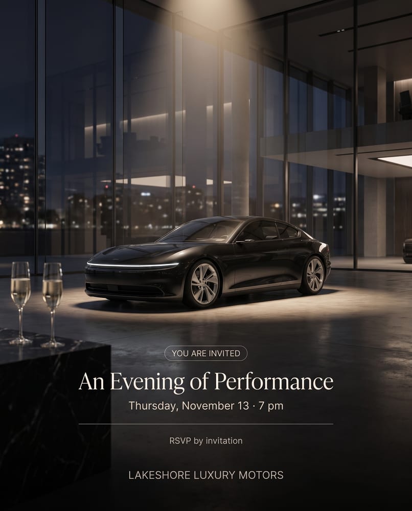 Invitation to An Evening of Performance, Thursday at 7 pm, with a black coupe under a spotlight and champagne glasses