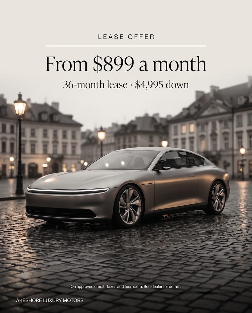 Lease offer ad: from $899 a month, a silver coupe on wet cobblestones at dusk, with fine print