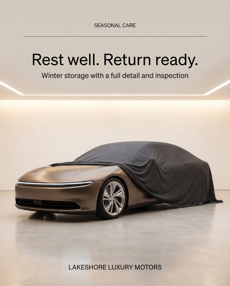 Winter storage ad: Rest well. Return ready., a bronze coupe half under a fitted car cover