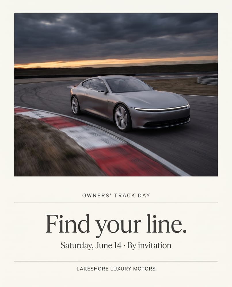 Owners’ Track Day ad: Find your line, a silver coupe cornering on a racetrack at dusk