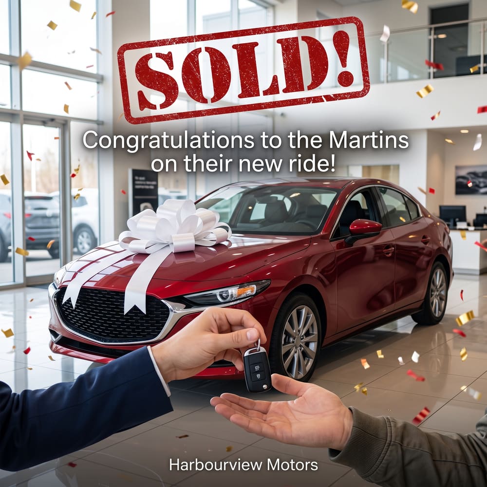 Sold! post congratulating a family on their new red sedan with a big white bow