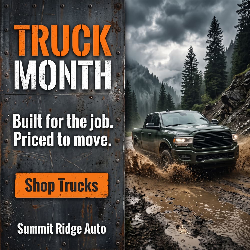 Truck Month ad with a green pickup splashing through mud on a mountain trail