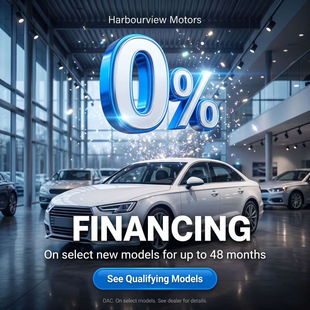 0% financing offer ad with a white sedan in a showroom