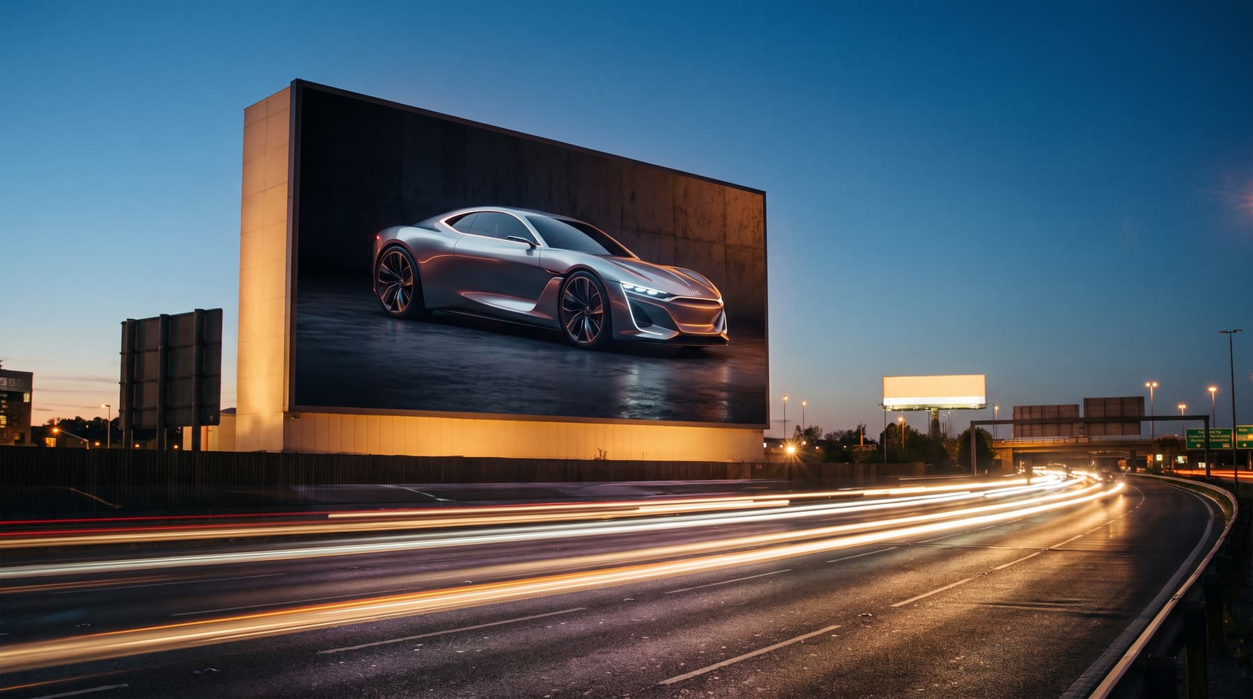 A digital billboard beside a highway at dusk
