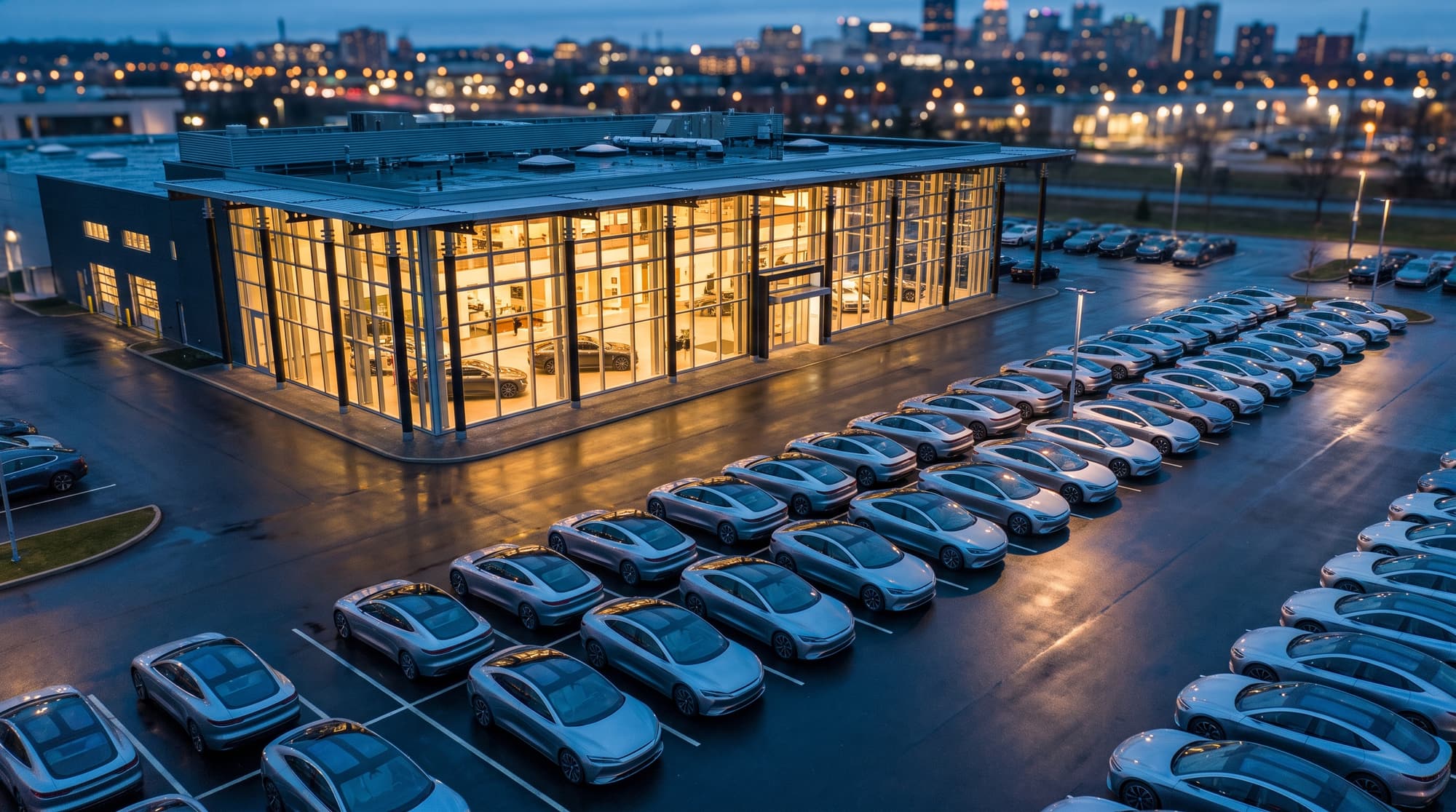 Aerial view of a dealership showroom and its lot at blue hour