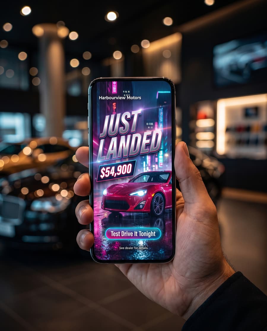 A phone showing a DealerAdGen ad in a dark showroom