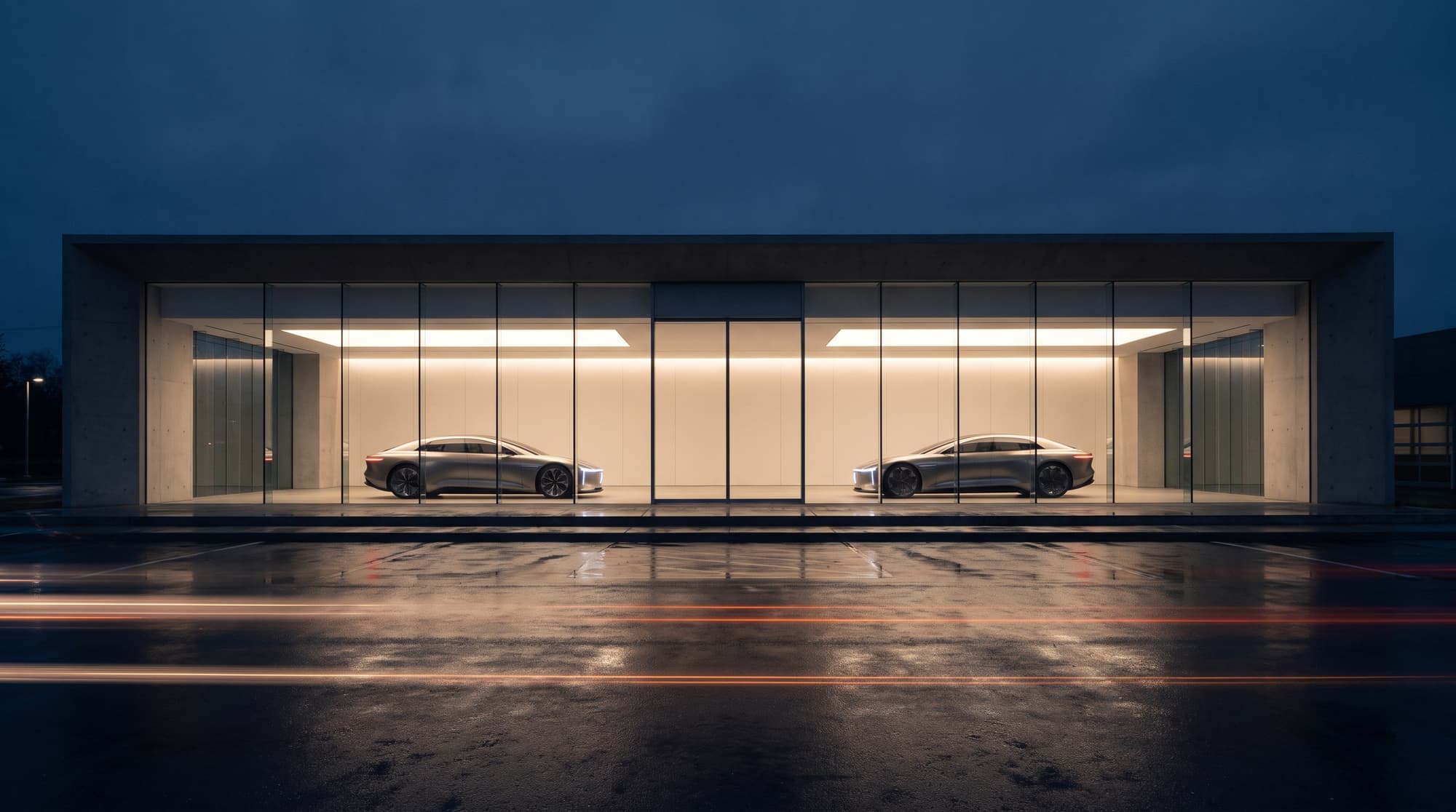 A glass dealership showroom glowing at night