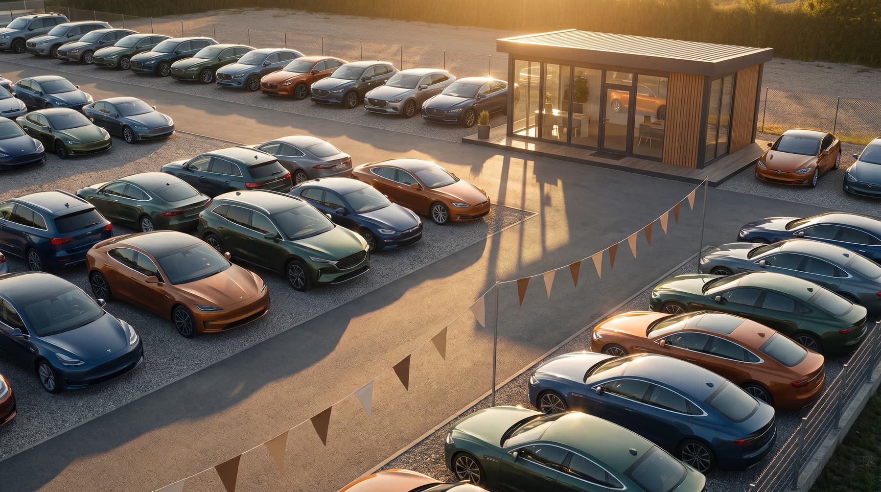 An independent used-car lot at golden hour