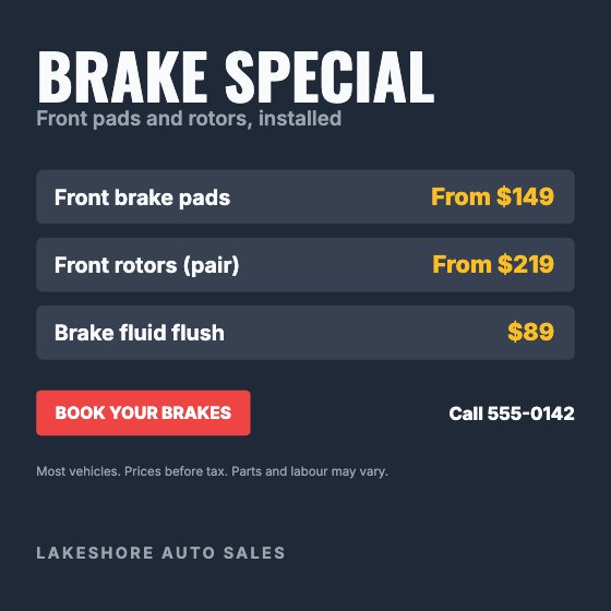 Brake Special car dealership ad template: No photo · price list