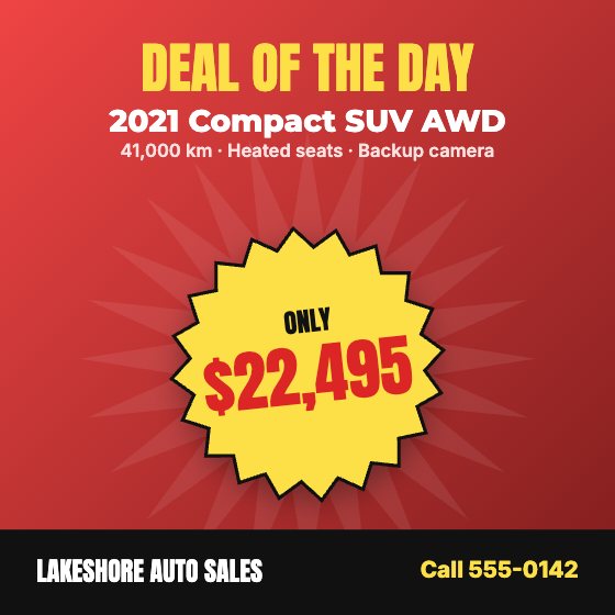 Deal of the Day car dealership ad template: Motion · spinning rays · price count-up