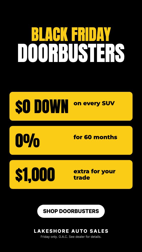 Black Friday Doorbusters car dealership ad template: Motion · story 9:16 · three deals