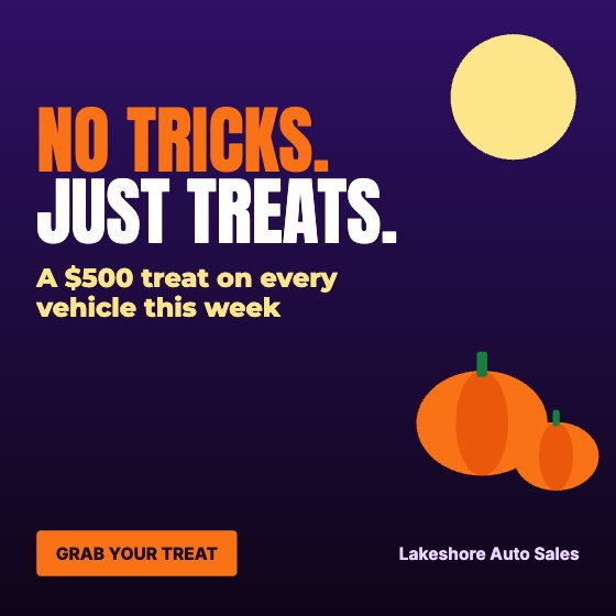No Tricks, Just Treats car dealership ad template: Motion · Halloween · wiggling pumpkins